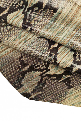 Genuine leather hide calfskin python snake textured scales stripe print cream/ brown/ green shiny italian skin for crafting