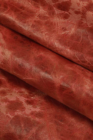 DISTRESSED leather skin goatskin orange/yellow/red spotted metallic  wrinkled goat rustic vintage italian hide