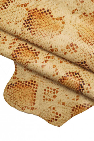 GENUINE leather hide CALFSKIN brown/tan shades maxi python textured cowhide scales print calf antiqued cow italian skin