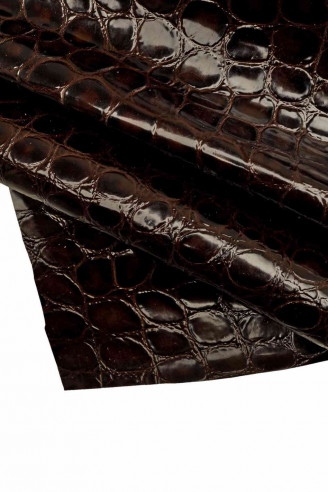 GENUINE leather hide CALFSKIN dark brown crocodile embossed cowhide stiff calf croc textured glossy cow italian skins