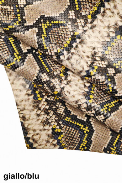 PELLE italiana, mezzo VITELLO stampa squametta e disegno pitone, lucido, morbido, 7 combinazioni disponibili