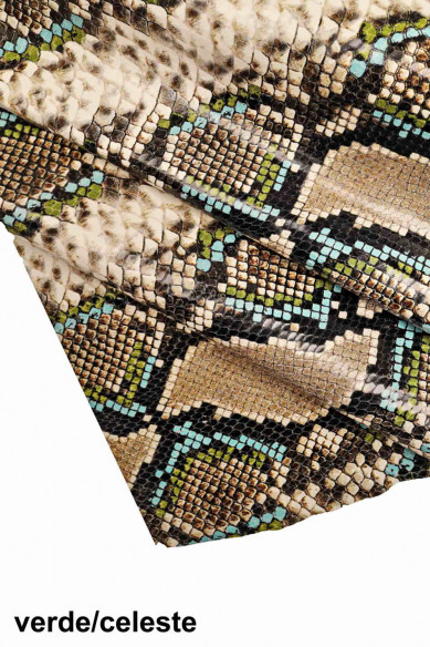 PELLE italiana, mezzo VITELLO stampa squametta e disegno pitone, lucido, morbido, 7 combinazioni disponibili