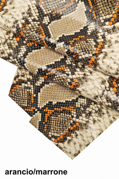 PELLE italiana, mezzo VITELLO stampa squametta e disegno pitone, lucido, morbido, 7 combinazioni disponibili