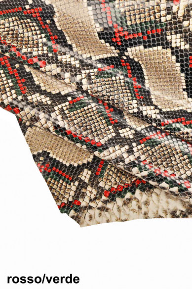PELLE italiana, mezzo VITELLO stampa squametta e disegno pitone, lucido, morbido, 7 combinazioni disponibili