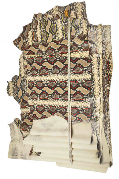 PELLE italiana, mezzo VITELLO stampa squametta e disegno pitone, lucido, morbido, 7 combinazioni disponibili