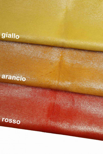 HAIR ON leather cow hide calfskin calf yellow/orange/red metallic shiny genuine italian skin