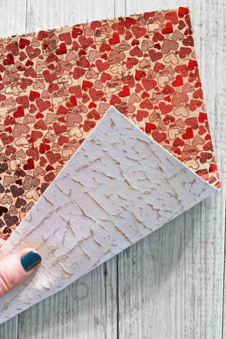 CORK LEATHER sheets backed natural cork, made in Italy,  metallic red tiny hearts, cream calf similar bark print