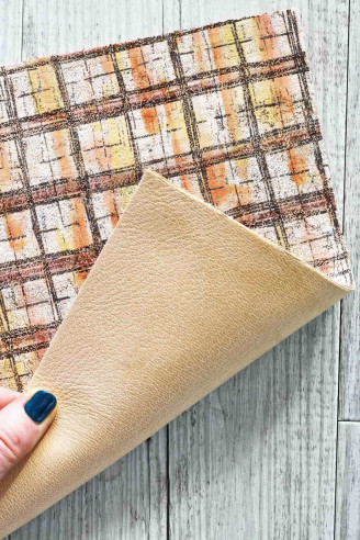 CORK on LEATHER sheets backed natural cork,made in Italy, squares in pastel tones print, vegetable calf on the back 8x10"/12x12"