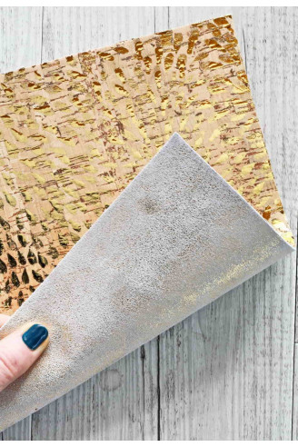 CORK on LEATHER goatskin sheets backed natural cork, made in Italy, drop gold print, metallic gold and beige skin on the back
