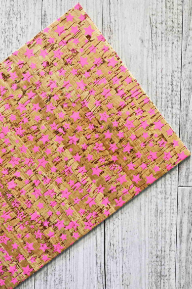Fogli di SUGHERO naturale stampa stelline rosa con PELLE di vitello color panna accoppiata nel retro 25x20 cm/30x30 cm/40x40 cm