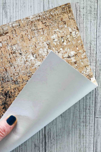 CORK on LEATHER cowhide sheets backed natural cork, made in Italy, abstract silver print, cream calf skin on the back,for crafts