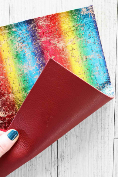 CORK on LEATHER cow sheets backed natural cork, antiqued metallic iridescent multicolor print, burgundy calf skin on the back