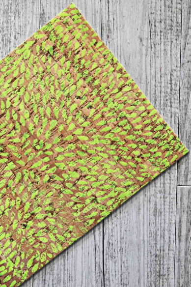 CORK on LEATHER cowhide sheets backed natural cork, made in Italy, drop green neon print, beige calfskin on the back, for crafts