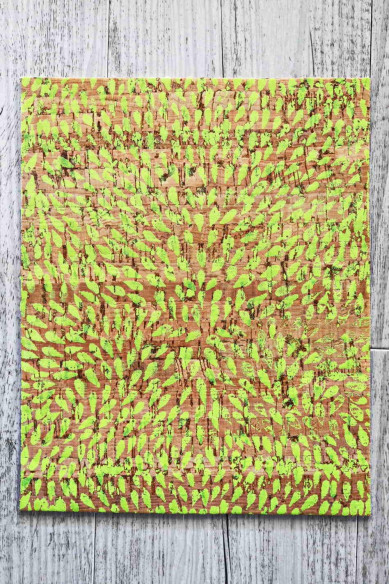 CORK on LEATHER cowhide sheets backed natural cork, made in Italy, drop green neon print, beige calfskin on the back, for crafts