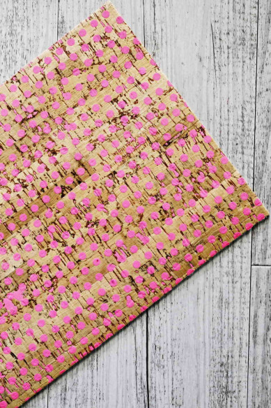 CORK on LEATHER cowhide sheets backed natural cork, made in Italy, pink tiny dots print, cream calf skin on the back, for crafts
