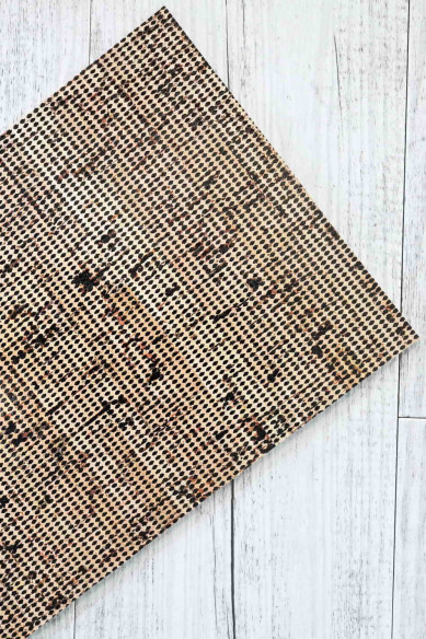 CORK on LEATHER cowhide sheets backed natural cork, made in Italy, shiny black tiny diamonds print, taupe calfskin on the back