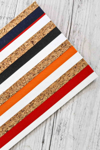CORK on LEATHER sheets backed natural cork, made in Italy, multicolor stripes print, calfskin col black on the back 4x6"