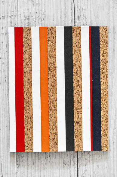 CORK on LEATHER sheets backed natural cork, made in Italy, multicolor stripes print, calfskin col black on the back 4x6"