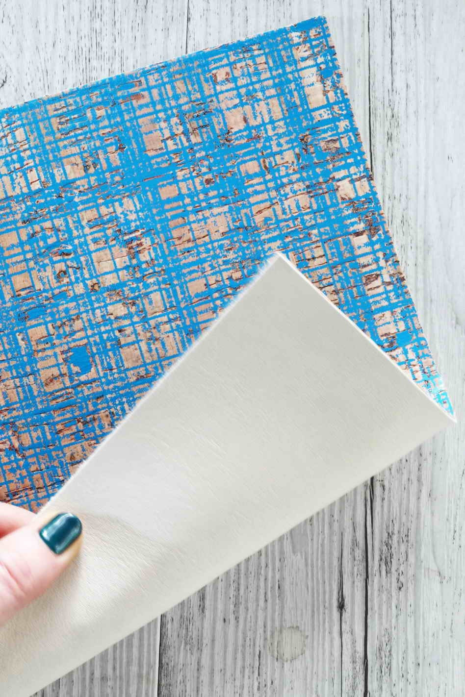 CORK on LEATHER sheets backed natural cork,made in Italy, squares in blue  color print, cream
