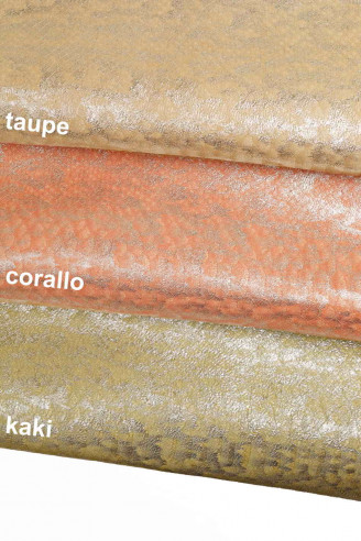 Coral taupe leather hide GOATSKIN METALLIC python snake textured print goat spotted shiny soft genuine italian skins