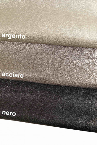 Silver steel black GOATSKIN METALLIC shiny wrinkled effect goat soft distressed leather genuine italian skin