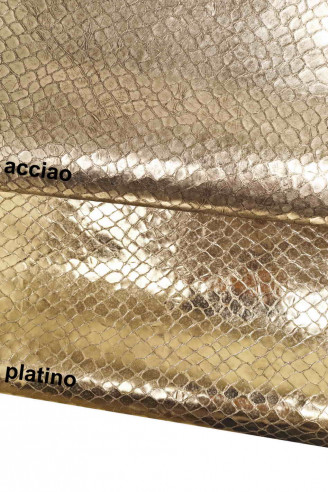 Platinum steel metallic leather crocodile textured print hide distressed shiny wrinkled genuine italian skin