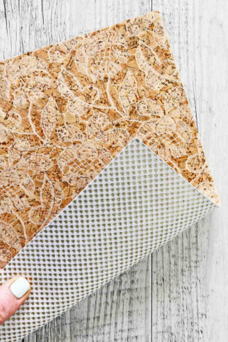 CORK on leather sheets backed natural cork, white floral textured, white leather skin tiny gold triangles on the back