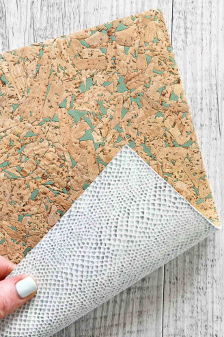 CORK on leather sheets backed natural cork, abstract green print, metallic leather skin teal python textured on the back