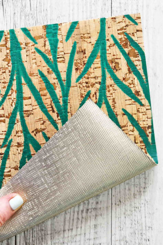 CORK on leather sheets backed natural cork, green leaves print, metallic platinum skin tiny squares textured on the back