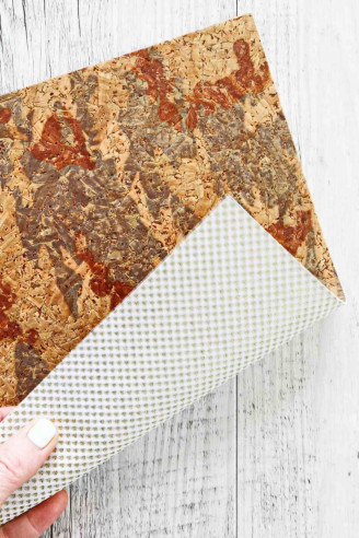 CORK on leather sheets backed natural cork, abstract textured , calfskin white with gold tiny triangles on the back