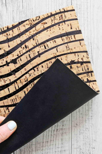 CORK on leather sheets backed natural cork, shiny black abstract textured , calfskin matte black color on the back