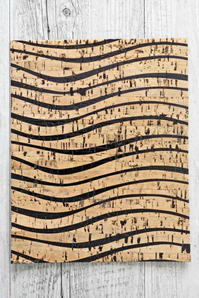 Fogli di SUGHERO naturale stampa astratta col nero lucido e PELLE di vitello opaca nera accoppiata nel retro  15x12/25x20/30 cm