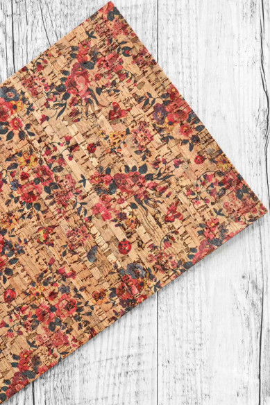 CORK on leather sheets backed natural cork, floral textured , calfskin dark red suede color on the back