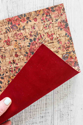CORK on leather sheets backed natural cork, floral textured , calfskin dark red suede color on the back