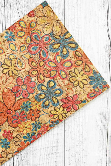 CORK on leather sheets backed natural cork, glossy floral textured , calfskin ochre color on the back