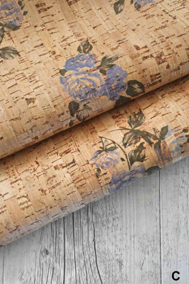 Natural CORK sheets - pieces, made in Italy, named vegan leather, FLORAL textured, 3 colors available