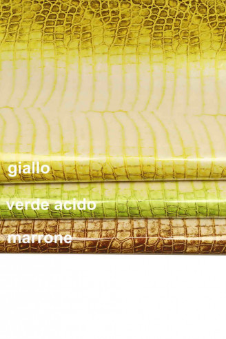Green brown yellow PATENT CALFSKIN croco textured print cowhide pearlized calf shiny leather genuine italian skin