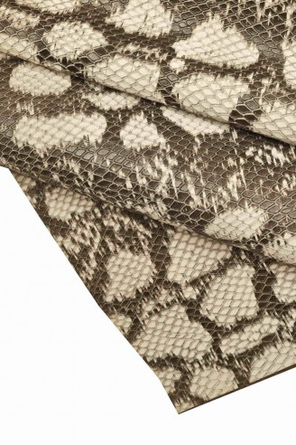 Cream brown CALFSKIN PYTHON snake textured cowhide scales print calf soft cow distressed genuine italian skins
