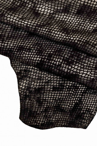 BLACK steel METALLIC leather hide suede goatskin scales snake textured print goat engraved satin soft genuine italian skin