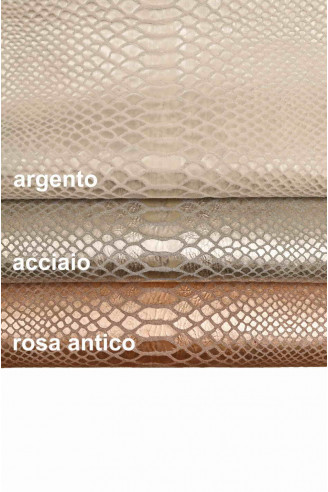 Pink steel silver GOATSKIN leather hide PYTHON embossed print goat snake textured genuine italian skin