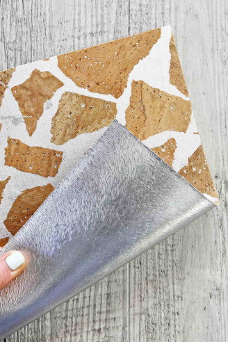 CORK sheets cowhide leather backed, made in Italy, giraffe print, metallic textured silver calfskin on the back 8x10" / 12x12"