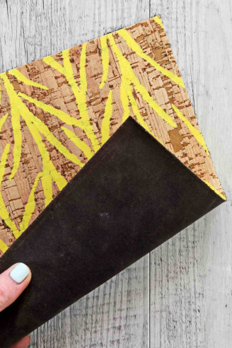 CORK sheets cowhide leather backed, made in Italy, yellow leaves print, brown calfskin vintage antiqued on the back