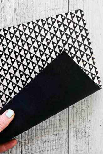 CORK sheets cowhide leather backed, black and white geometric figures textured , calfskin matte black color on the back