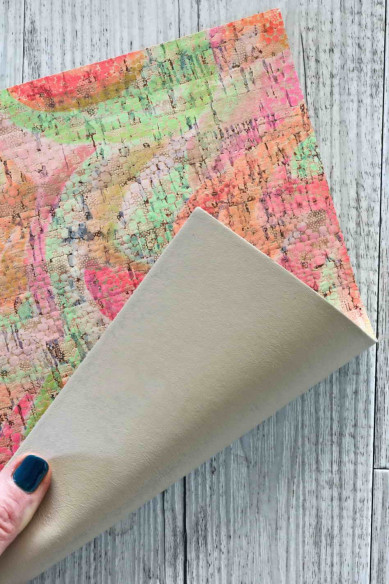 CORK LEATHER cowhide sheets backed natural cork, glossy abstract multicolor print pastel tones,taupe calfskin on the back