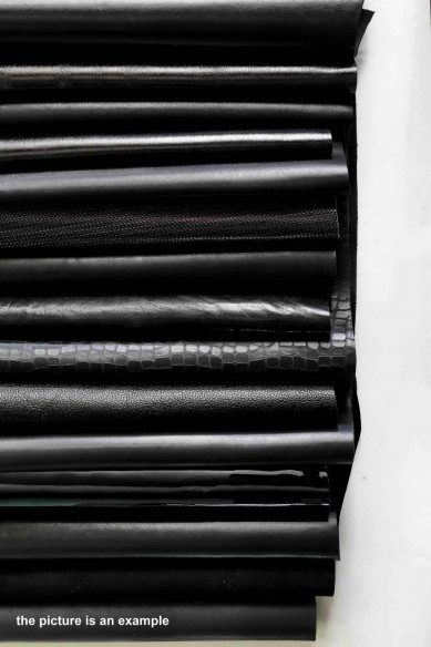 Random assortment BLACK LEATHER medium size cutouts - smooth and textured, various finishings  1 lbs - 1,7 lbs - 2 lbs - 4 lbs
