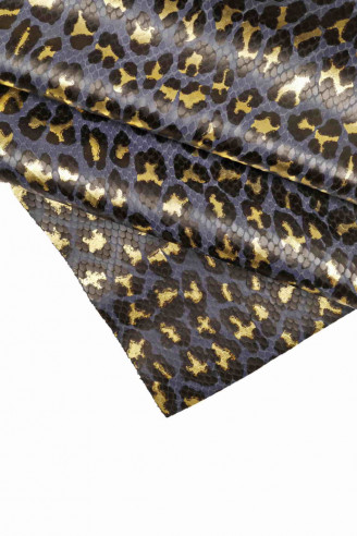 Leopard printed leather hide, blue, black, metallic gold cheetah textured calf skin