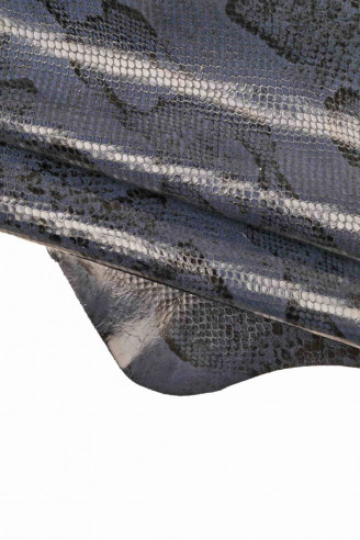 Python printed leather hide, blue - black snakeskin textured calfskin, glossy reptile, medium softness skin, 0.7 - 0.9 mm