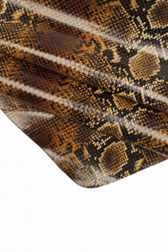 Snake printed leather hide, brown, black python textured calfskin, glossy reptile, medium softness snakeskin