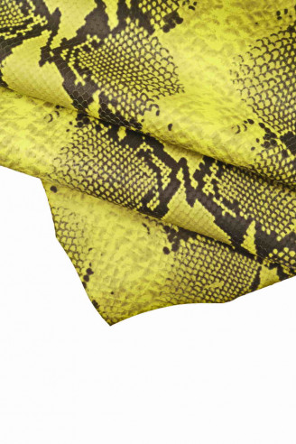 Reptile printed leather hide, yellow - black python textured calfskin, matt snakeskin, slightly stiff