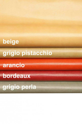 Lizard embossed leather hide, beige, pistachio grey, orange, burgundy, pearl grey printed calfskin, glossy skin